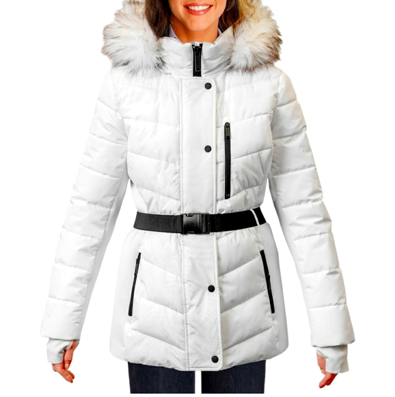 London Fog Jackets & Blazers - London Fog white puffy coat with a black belt